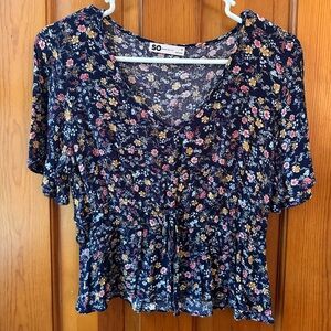 SO Floral Peplum Top Medium Navy Ditsy Print Short Sleeve Boho Blouse